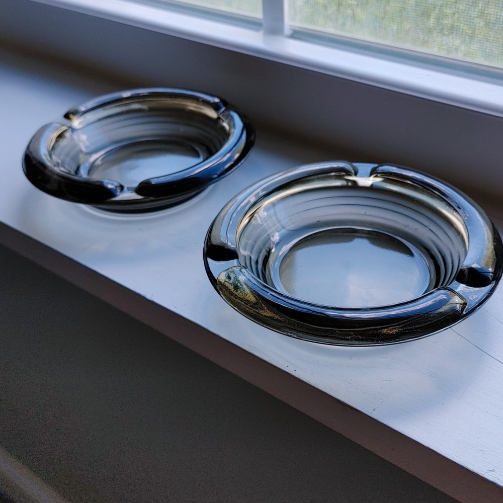 Vintage Smoky Grey Glass Ashtrays Set of 2 Round Mid Century Modern Style 4.25in
